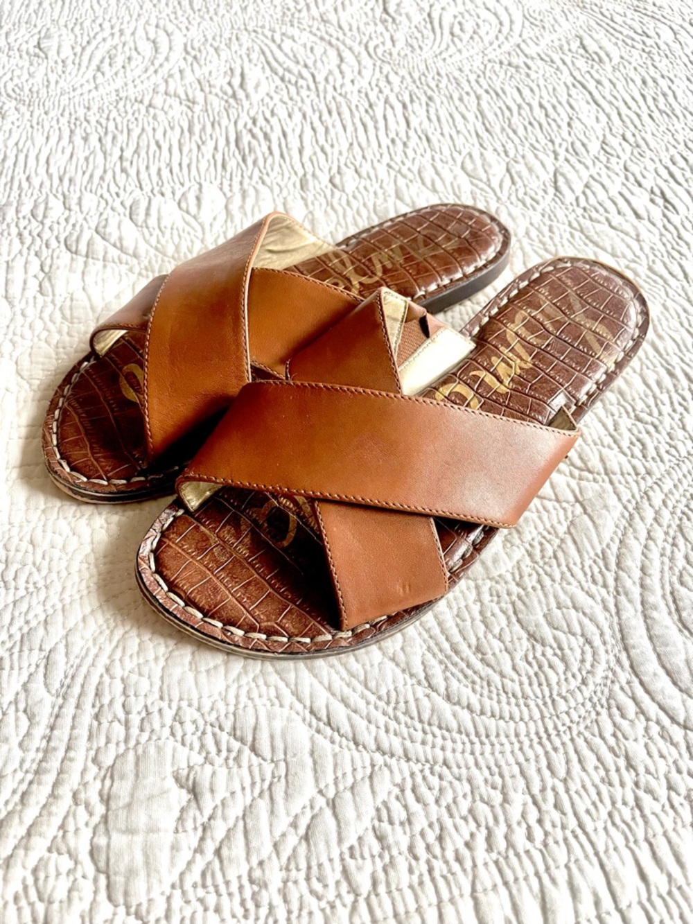 Brown Leather Crisscross Slide Sandals